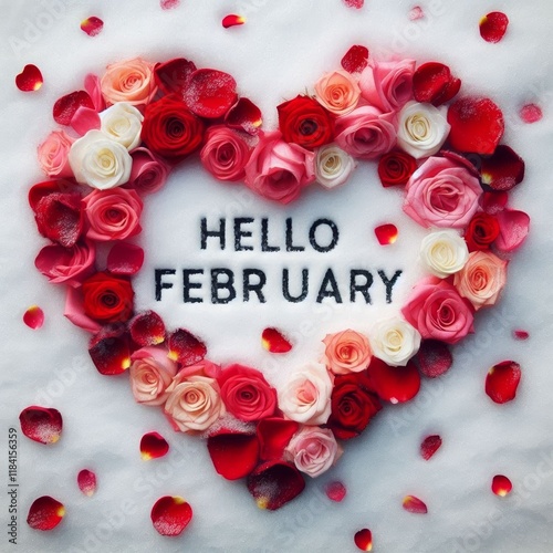 Heart made of rose petals lying in snow with inscription hello february. Social media post. Typography, postcard, calendar