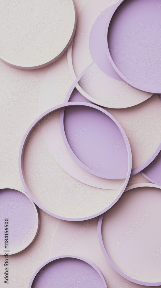 Interplaying smooth circles in vibrant mocha mousse and soft lilac tones dance across a textured backdrop, evoking a sense of calm and creative expression