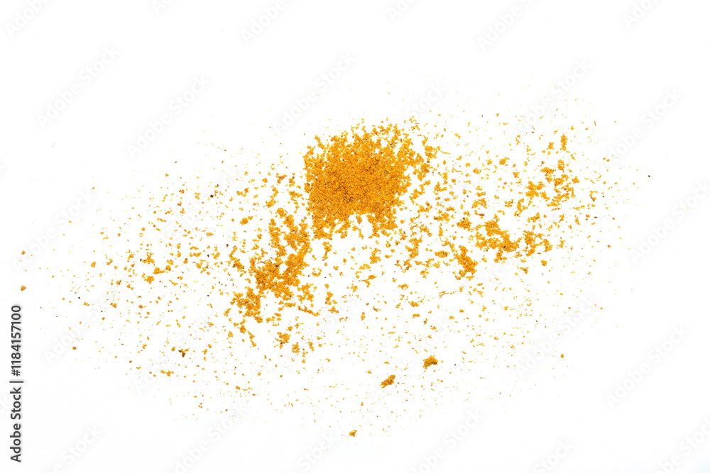 Turmeric powder scattered on white background. curry powder isolated Turmeric powder scattered on white background. curry powder isolated