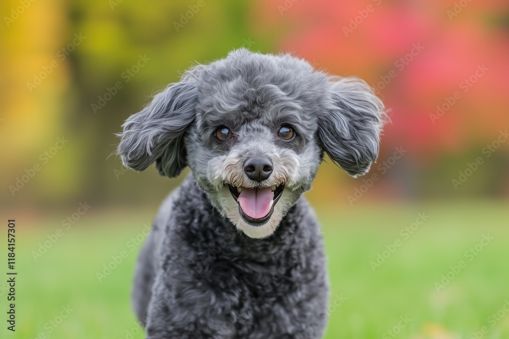 Adorable gray toy poodle smiling in autumn park Adorable gray toy poodle smiling in autumn park