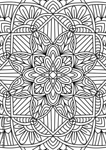 Black Outline Intricate Mandala Pattern. Yoga, meditation poster. Coloring book page.