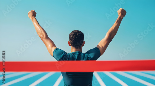 A victorious athlete raises arms in triumph after crossing the finish line, symbolizing achievement and success.