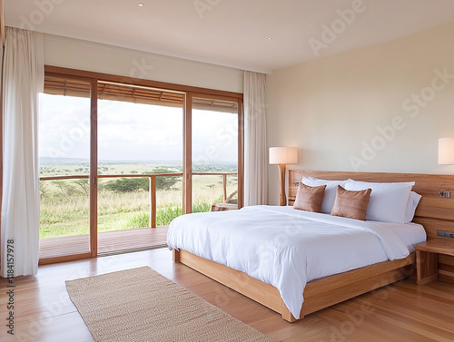 Serene luxury bedroom with scenic view modern villa interior design open landscape wide angle tranquil retreat experience