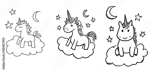 Happy baby unicorn perched on a cloud coloring page, a whimsical black and white cartoon illustration