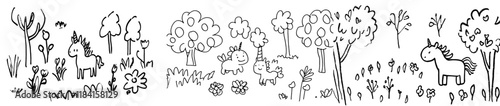 Cute little unicorns relaxing in the fields, along with coloring books for kids