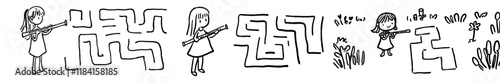 Maze game for kids - help a cute cartoon flutist girl find her way to her flute with a white and black modern illustration perfect for a coloring book