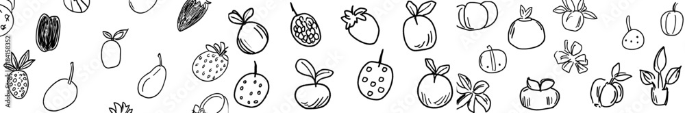 Doodle fruits in black and white forming a seamless pattern. A healthy food coloring page. Perfect for a summer-themed coloring book. Modern illustration