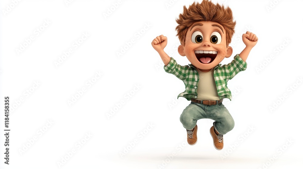 Happy Cartoon Boy Jumping with Excitement in Green Checkered Shirt Happy Cartoon Boy Jumping with Excitement in Green Checkered Shirt