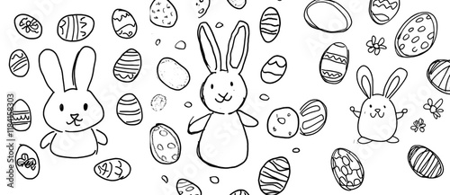 A black and white Easter eggs cartoon coloring book featuring a cute Easter Bunny breaking out of one page background