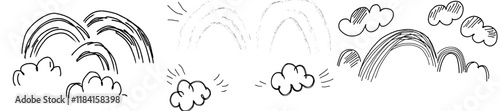Coloring pages featuring doodle rainbows. Fantasy backgrounds perfect for a coloring book. A collection of funny black and white pages suitable for both adults and kids. Modern illustration