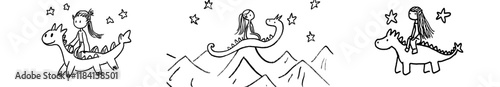 A cute girl nestled asleep on the back of a massive horned dragon gliding through the starry sky, with the dragon carefully guarding her to ensure she doesn’t fall off