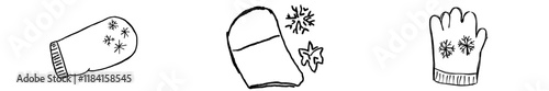 Christmas coloring book or page featuring black and white mittens illustration
