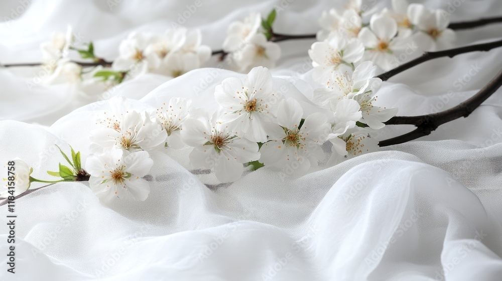 Fototapeta premium A soft, dreamy arrangement of cherry blossoms on a branch, creating texture on a light fabric.