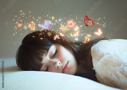 Dreaming Girl Surrounded by Butterflies and Flowers, Magical Sleep, Peaceful Night, Serene Rest, Tranquil Dreams, Fantasy Scene, Whimsical Imagery, Soft Colors, Gentle Atmosphere, Calming Visuals photo