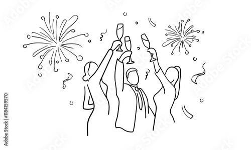 Continuous line party champagne one line art, continuous drawing contour. Hands toasting with wine glasses with drinks. Cheers toast festive decoration for holidays. Vector illustration