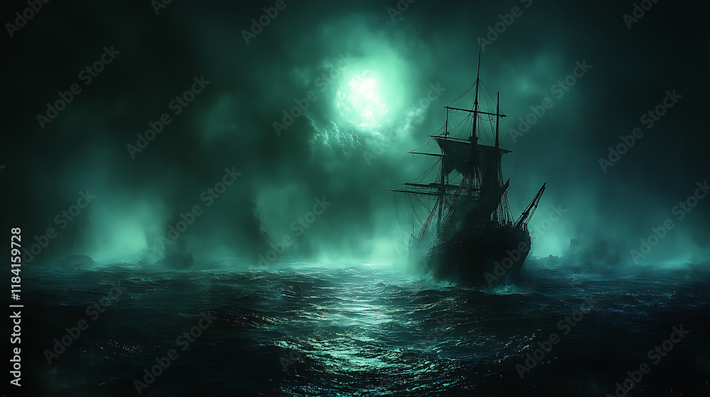 Mysterious Ghost Ship Sailing Through Fog and Stormy Seas in an Enigmatic Landscape of Darkness and Light Mysterious Ghost Ship Sailing Through Fog and Stormy Seas in an Enigmatic Landscape of Darkness and Light