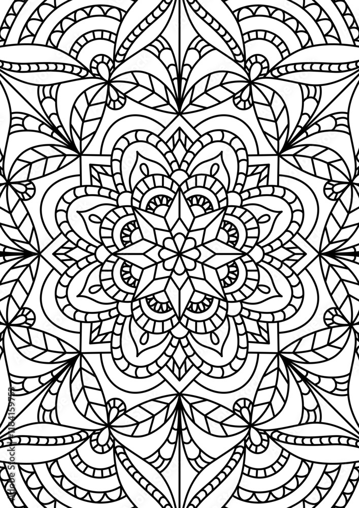 Fototapeta premium Black Outline Intricate Mandala Pattern. Yoga, meditation poster. Coloring book page.