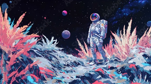 Astronaut in space and atmosphere in landscape illustration 