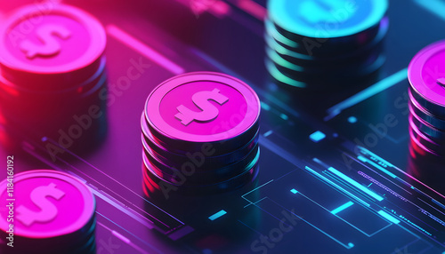 Stacks of Neon Dollar Coins on Digital Surface