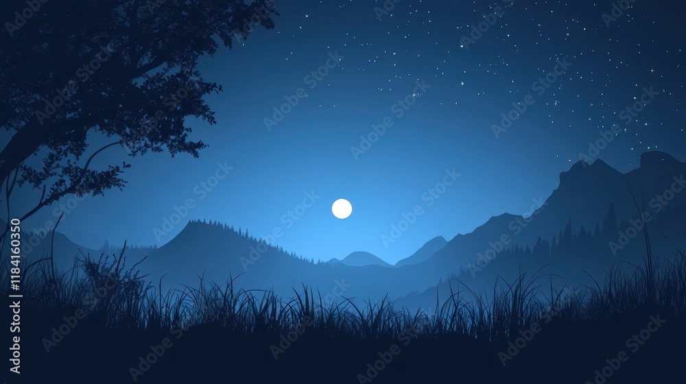 Fototapeta premium Serene Nighttime Mountain Landscape Under a Full Moon