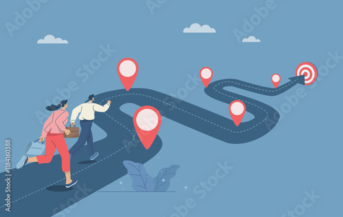 Business team running work on project timeline, Timeline, Progress in business, Roadmap, Project planning, Key route map with action plans, Timeline to success, Flat vector design illustration.