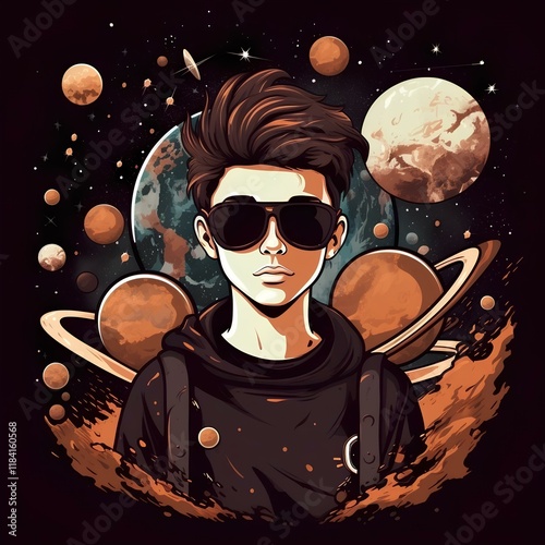 Black boy in space with planets t shirt design illustration 