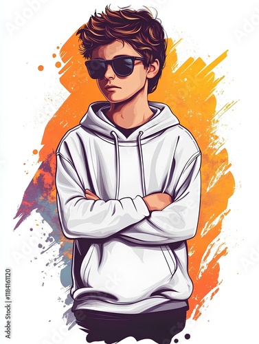 Fashion of boy with white hoodie with art design illustration 