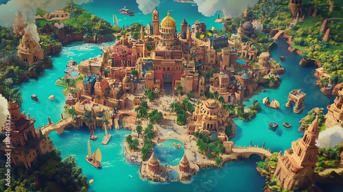 A vibrant fantasy island city, rich in architectural detail and surrounded by turquoise waters.  Ideal for game design, fantasy art, and travel concepts.