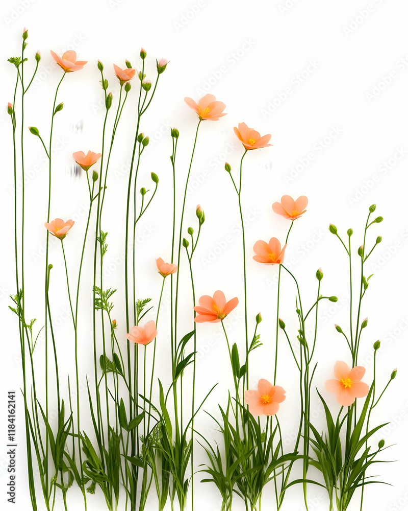 Fototapeta premium Peach wildflowers arranged vertically on white background, nature scene, spring floral design, perfect for greeting cards