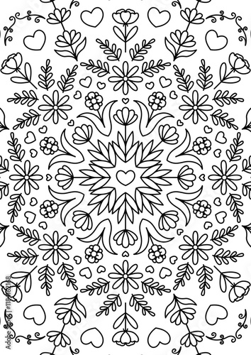 Black Outline Intricate Mandala Pattern. Yoga, meditation poster. Coloring book page.