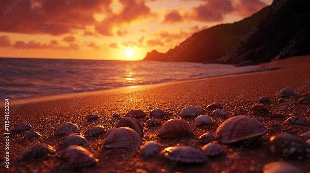 Obraz premium A vivid orange and pink sunset over a peaceful beach with scattered seashells.