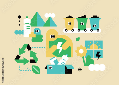 Cute characters and environmental protection. Simple and trendy illustrations. Separate recycling. eco-friendly