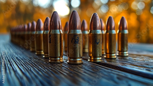 Close-up of a row of bullets on a wooden surface, showcasing the intricate details of their design and craftsmanship. photo