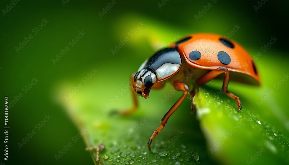 Naklejka premium Ladybug on Dew-Kissed Leaf: A Vibrant Macro Photograph