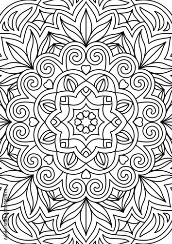 Black Outline Intricate Mandala Pattern. Yoga, meditation poster. Coloring book page.