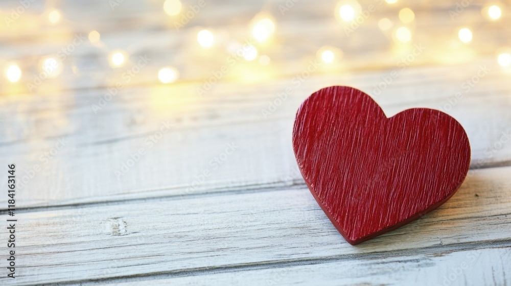 Fototapeta premium Red wooden heart on white wood symbolizes love and romance with soft bokeh lights creating a magical atmosphere for Valentine's Day