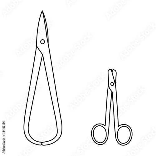 Different types of scissors, sketch of the silhouette of dentist tools. Concept of dentistry, orthodontics and medical instruments