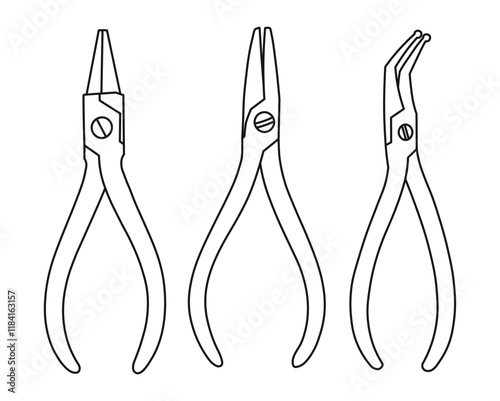 Different types of technical pliers, forceps, sketch of the silhouette of dentist tools. Concept of dentistry, orthodontics and medical instruments