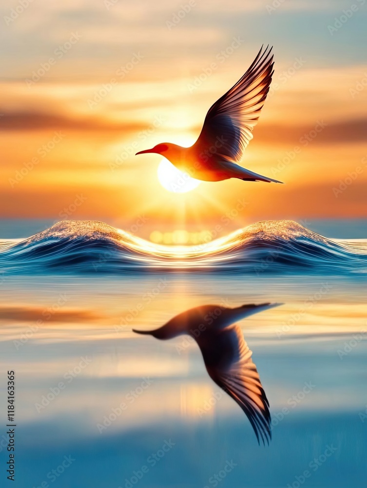 Fototapeta premium Bird flying over waves at sunset reflection.
