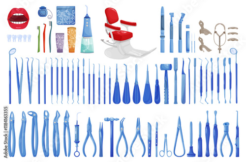 Oral hygiene products, dental equipment and tools for dental treatment, color silhouette of objects, set