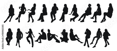 Silhouette of sitting people, image of a group of female figures. Silhouettes of women in diverse poses against, showcasing body language and movement