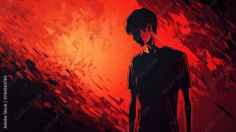 Silhouetted Youth Against a Fiery Red Abstract Background Silhouetted Youth Against a Fiery Red Abstract Background