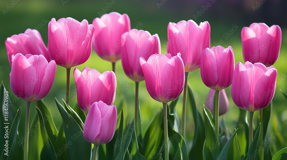 Obraz premium Vibrant Pink Tulips Blooming in a Spring Garden