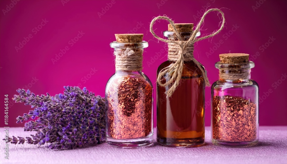 A vibrant still life of glass bottles with copper flakes lavender oil and decorative twine A vibrant still life of glass bottles with copper flakes lavender oil and decorative twine