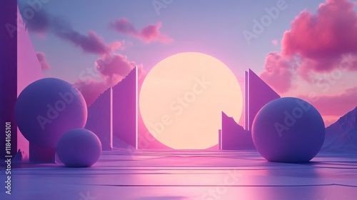 Synthwave inspired landscape with spheres, geometric shapes, and a large sun against a pink and purple sunset photo