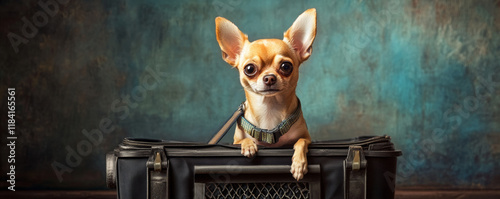 Chihuahua in pet carrier, looking curious and alert, ready for travel. This adorable dog showcases its playful personality while sitting comfortably in stylish carrier