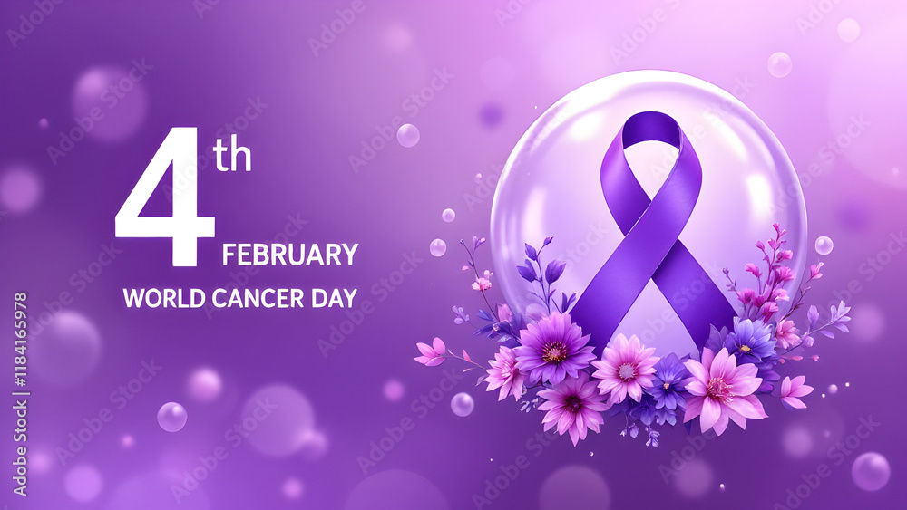 Fototapeta premium Purple-themed World Cancer Day image featuring a large number 