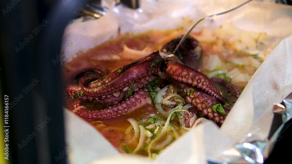 Chef preparing galician octopus at the food feria in Spain.