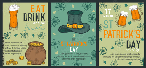 Set of trendy templates for Happy St Patrick's day with clovers, leprechaun hat, beer mugs. Great for invitation, greeting cards, flyers, banners and posters. Vector illustration