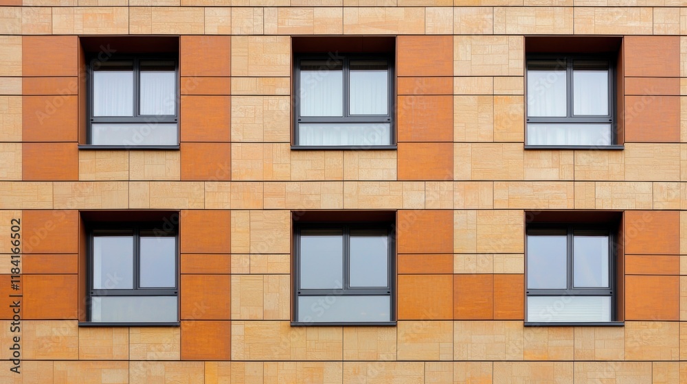 Modern Apartment Building Facade with Orange and Beige Cladding and Dark Windows Modern Apartment Building Facade with Orange and Beige Cladding and Dark Windows